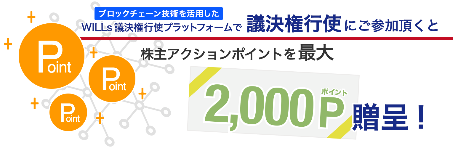 WILLs 議決権行使プラットフォームで議決権行使にご参加頂くと株主アクションポイントを 最大 2,000P 贈呈!